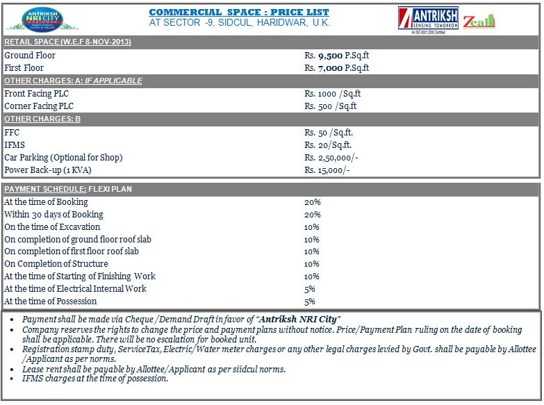 Antriksh NRI CITY Commercial Price List